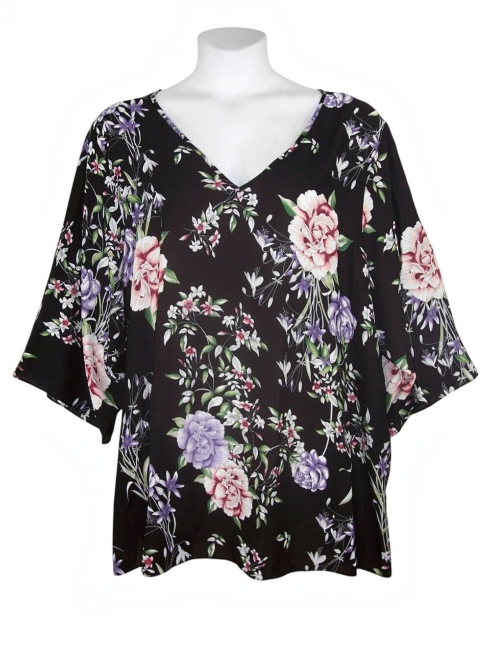 Avenue 3X 26/28 Floral Top V-Neck 3/4 Sleeves Criss Cross In Back Black NWT